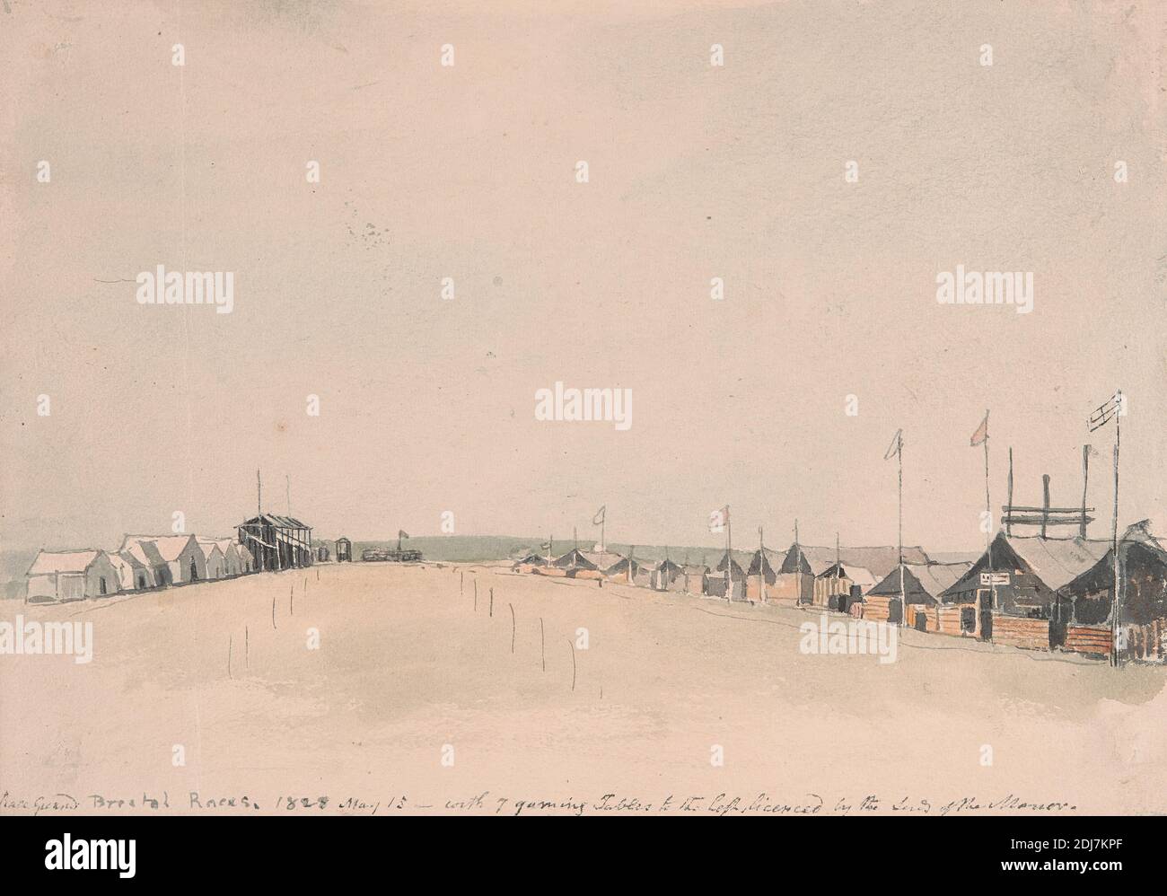 The Race Course at Bristol, George Cumberland, 1754–1848, inglese, non satinato, acquerello con penna e inchiostro nero su grafite su carta di wove crema di spessore moderato, moderatamente testurizzata, foglio: 6 3/8 × 9 pollici (16.2 × 22.9 cm), soggetto architettonico, edifici, ippodromo, Bristol, Inghilterra, Europa, Regno Unito Foto Stock