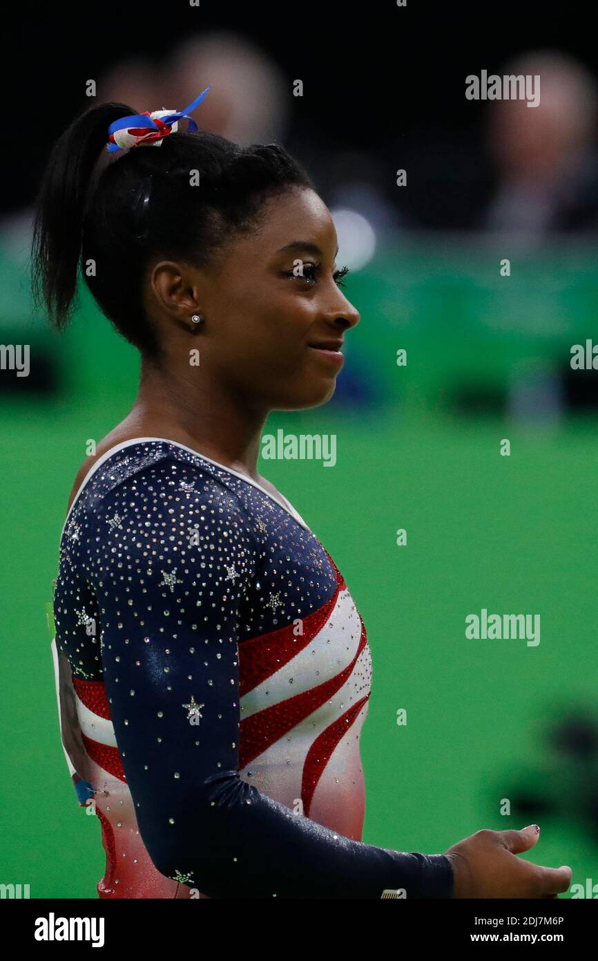 USA's Simone Biles la superstar della squadra femminile statunitense di ginnastica che ha vinto l'evento della squadra femminile di ginnastica artistica a Rio Olympic Arena, Rio, Brasile, il 9 agosto 2016. Foto di Henri Szwarc/ABACAPRESS.COM Foto Stock