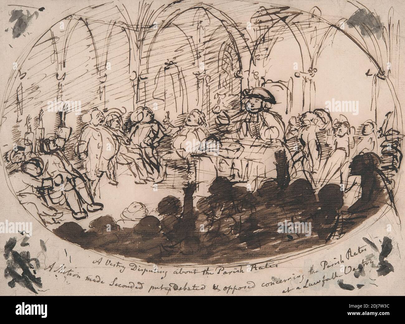 A Vestry disputando circa i tassi della parrocchia, George Dance RA, 1741–1825, britannico, non satinato, penna e inchiostro marrone, lavaggio marrone e grafite su medio, testurizzato leggermente, carta crema posata, foglio: 6 3/4 × 9 1/8 pollici (17.1 × 23.2 cm), soggetto di genere, giudice, parrocchia Foto Stock