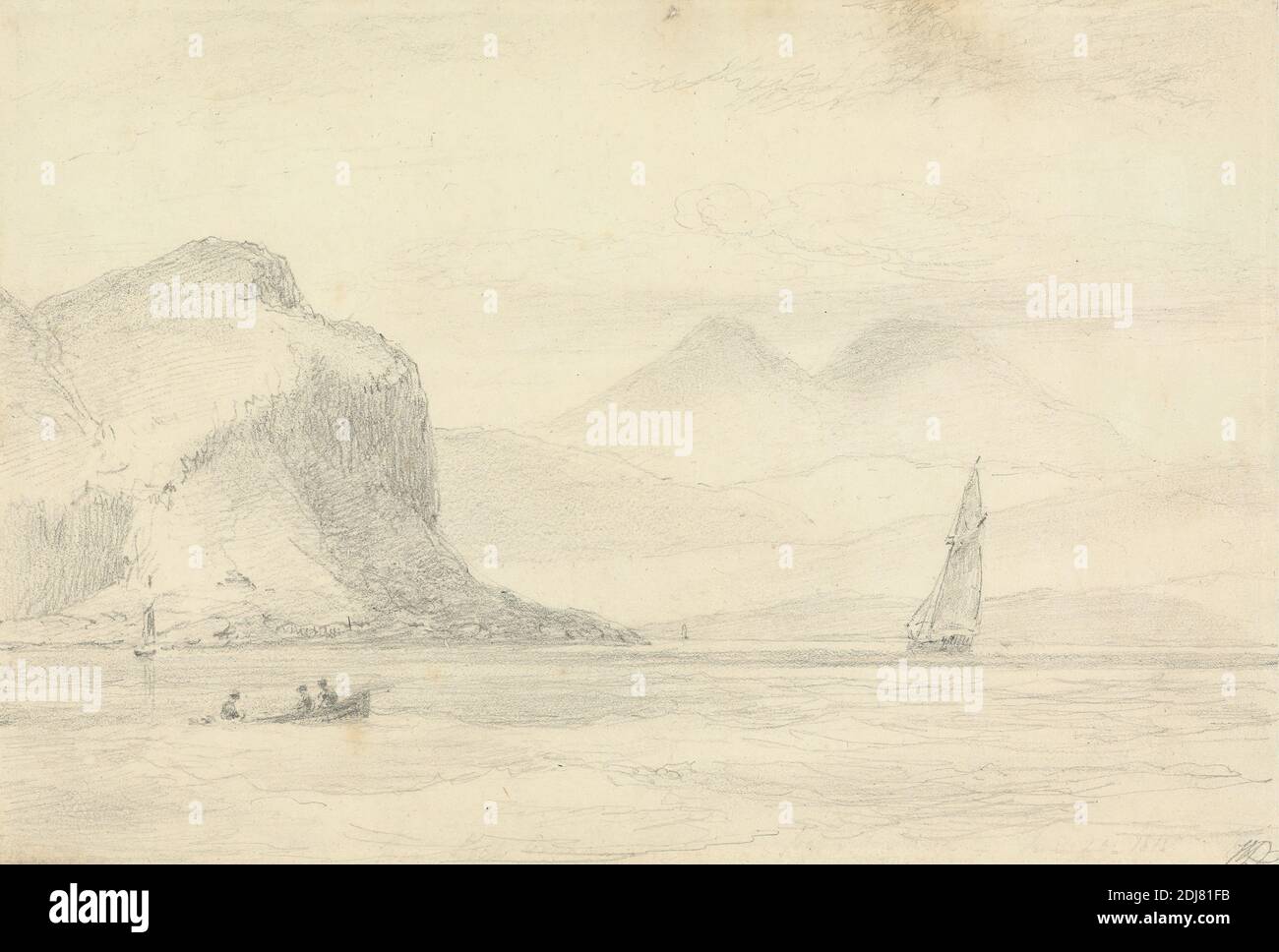 Da Loch Creran, Passo del Giura, William Daniell, 1769–1837, British, 1815, grafite su carta media, leggermente testurizzata, crema di wove, foglio: 6 1/8 × 9 1/8 pollici (15.6 × 23.2 cm), barche, figure, colline, isola, lago, paesaggio, arte marina, montagne, barche a vela, Argyll e Bute, Giura, Loch Creran, Scozia, Regno Unito Foto Stock