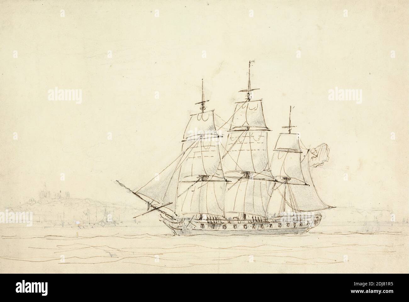 Three Masted Ship, William Daniell, 1769–1837, inglese, non satinato, grafite con inchiostro marrone su carta di wove di spessore moderato, leggermente testurizzata, crema, foglio: 6 × 9 1/8 pollici (15.2 × 23.1 cm), bandiera, colline, arte marina, alberi, vele, mare, nave, commercio Foto Stock