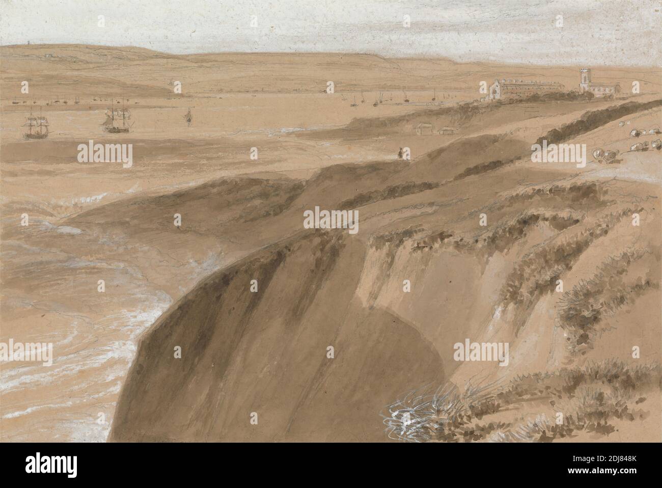 Exmouth, Devon, William Daniell, 1769–1837, inglese, ca. 1813, lavaggio marrone con gouache su grafite su carta media, leggermente testurizzata, wove beige, incollata su supporto contemporaneo fatto di carta spessa, leggermente testurizzata, beige, bordo disegnato contemporaneo: 7 x 10 1/8 pollici (17.8 x 25.7 cm) e foglio: 6 3/8 x 9 1/2 pollici (16.2 x 24.1 cm), barche, edifici, chiesa, scogliere, costa, pascolo, colline, paesaggio, bestiame, barche a vela, pecore, navi, Devon, Inghilterra, Manica, Exmouth, Regno Unito Foto Stock
