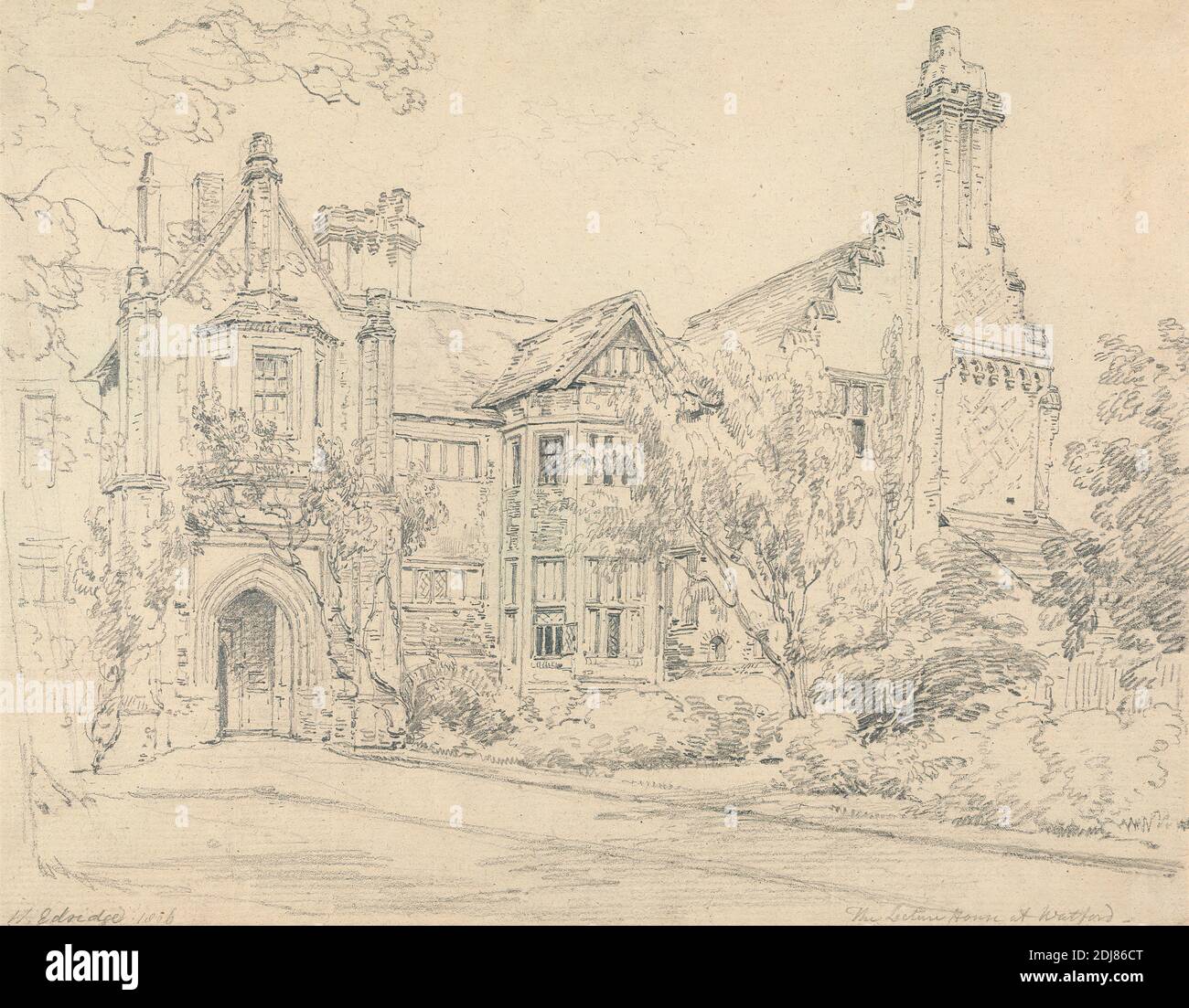 The Lecture House, Watford, Henry Edridge, 1769–1821, British, 1806, grafite su carta moderatamente spessa, ruvida, panna, foglio: 10 × 12 3/4 pollici (25.4 × 32.4 cm), soggetto architettonico, casa di campagna, porta, porta, casa, strada, torre (divisione edilizia), Inghilterra, Europa Foto Stock