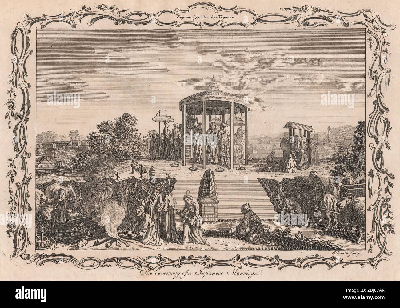 La cerimonia di un matrimonio giapponese, Anker Smith, 1759–1819, inglese, 1768, incisione Foto Stock