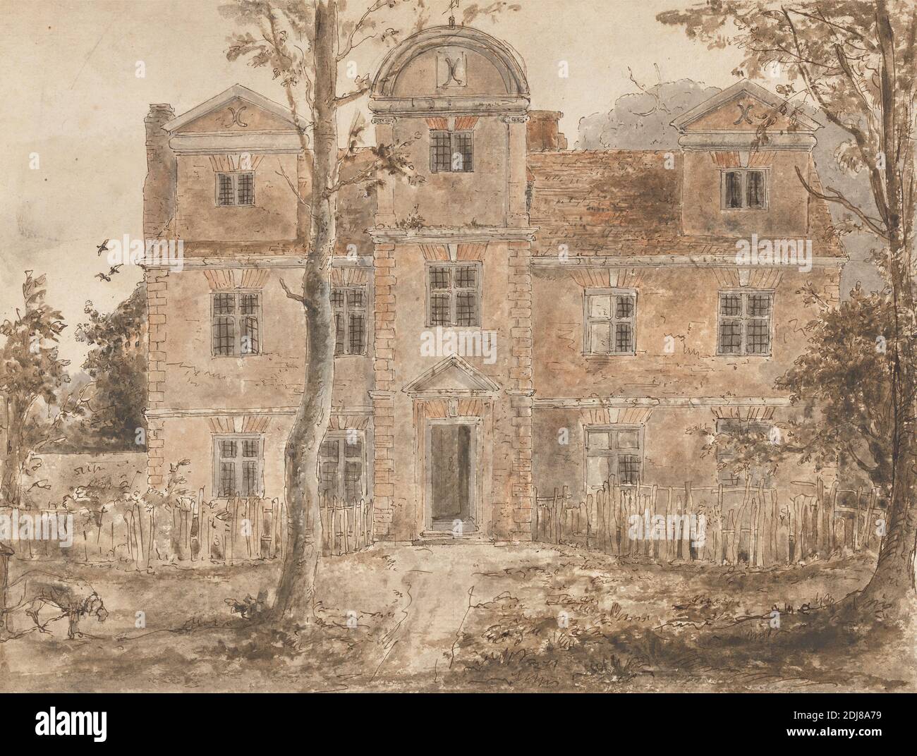 The Old House Packington, attribuito a Daniel Finch, 1789–1868, British, 1844, Watercolor, penna, inchiostro marrone, e grafite su carta media, leggermente testurizzata, crema di wove, foglio: 8 7/8 × 11 5/8 pollici (22.5 × 29.5 cm), soggetto architettonico, mattoni, recinzione, casa, alberi, finestre Foto Stock