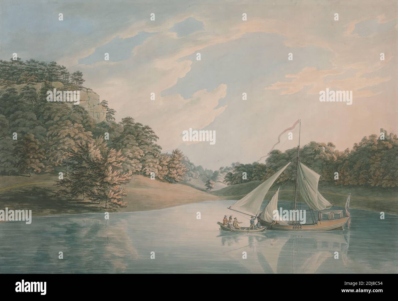 Il lago, Hawkstone Park, Shropshire, John Emes, 1762–1810, British, 1790, grafite, acquerello e penna con inchiostro marrone e nero su carta liscia, media, crema di wove, foglio: 16 3/8 × 23 3/4 pollici (41.6 × 60.3 cm Foto Stock