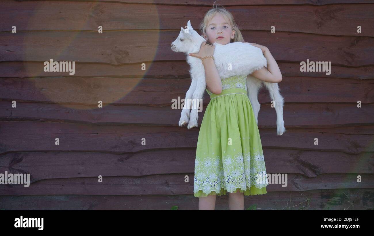 bambina di 6 anni che tiene una capra tra le braccia. Foto Stock