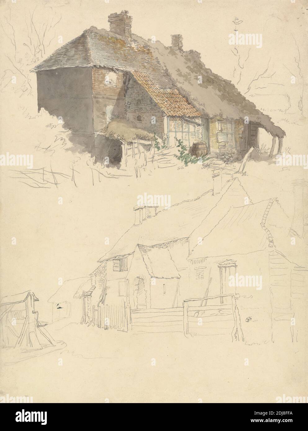 Schizzi di Cottages: Due studi su un foglio, Robert Hills, 1769–1844, britannico, non satinato, acquerello e grafite su carta media, leggermente testurizzata, crema di wove, foglio: 11 1/8 x 8 1/2 pollici (28.3 x 21.6 cm), soggetto architettonico, barile, cottage, recinzione, tetto, shingles, studi (opere visive Foto Stock
