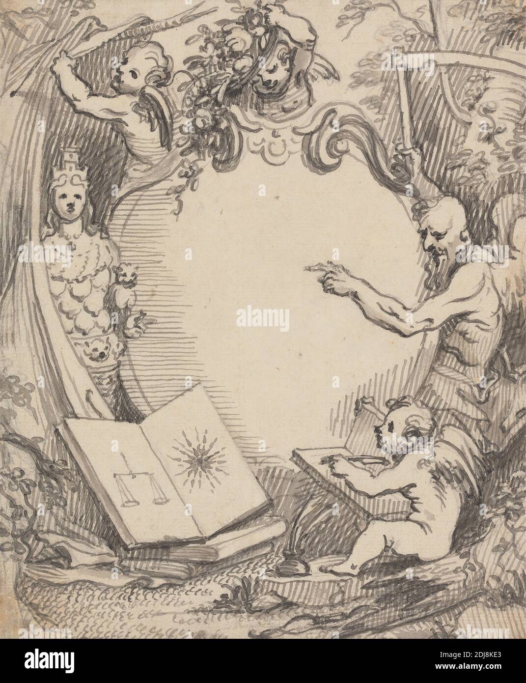 Design frontespizio per "otto viste dopo la natura" di John Fayram, John Fayram, op.1713–1743, inglese, precedentemente attribuito a William Hogarth, 1697–1764, inglese, ca. 1739, penna, inchiostro nero, lavaggio grigio e grafite su carta media, leggermente testurizzata, crema, foglio: 7 1/8 × 5 7/8 pollici (18.1 × 14.9 cm) e contorno disegnato contemporaneo: 9 1/4 x 7 7/8 pollici (23.5 x 20 cm), libri, archi (armi), tende, fiori (piante), frontespizi (illustrazioni), pozzi d'inchiostro, natura, penne, putti, soggetto religioso e mitologico, scale, scythe, ceppi, tempo, alberi, ali (accessori costume Foto Stock