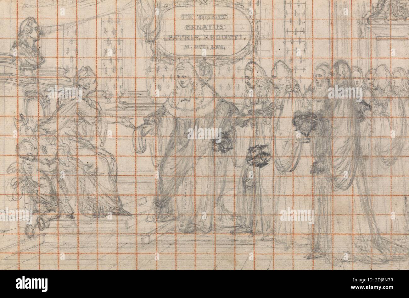 Disegno per un'incisione: Parlement de Paris riassemblaggio con Figura di Giustizia, Hubert-François Gravelot, 1699–1773, francese, attivo in Gran Bretagna (1733–45), 1762, grafite, squadrato con gesso rosso e incisa per il trasferimento su carta media, moderatamente testurizzata, beige posata montata su carta beige moderatamente spessa, moderatamente testurizzata, del XIX secolo, Con foglia d'oro, acquerello, penna in nero e linee di bordo inchiostro rosso, Monte: 12 x 11 1/16 pollici (30.5 x 28.1 cm), Contemporary Drawn Border: 7 9/16 x 10 1/2 pollici (19.2 x 26.7 cm), e foglio: 5 15/16 x 8 15/16 pollici (15.1 x 22.7 cm), allegoria, busto Foto Stock