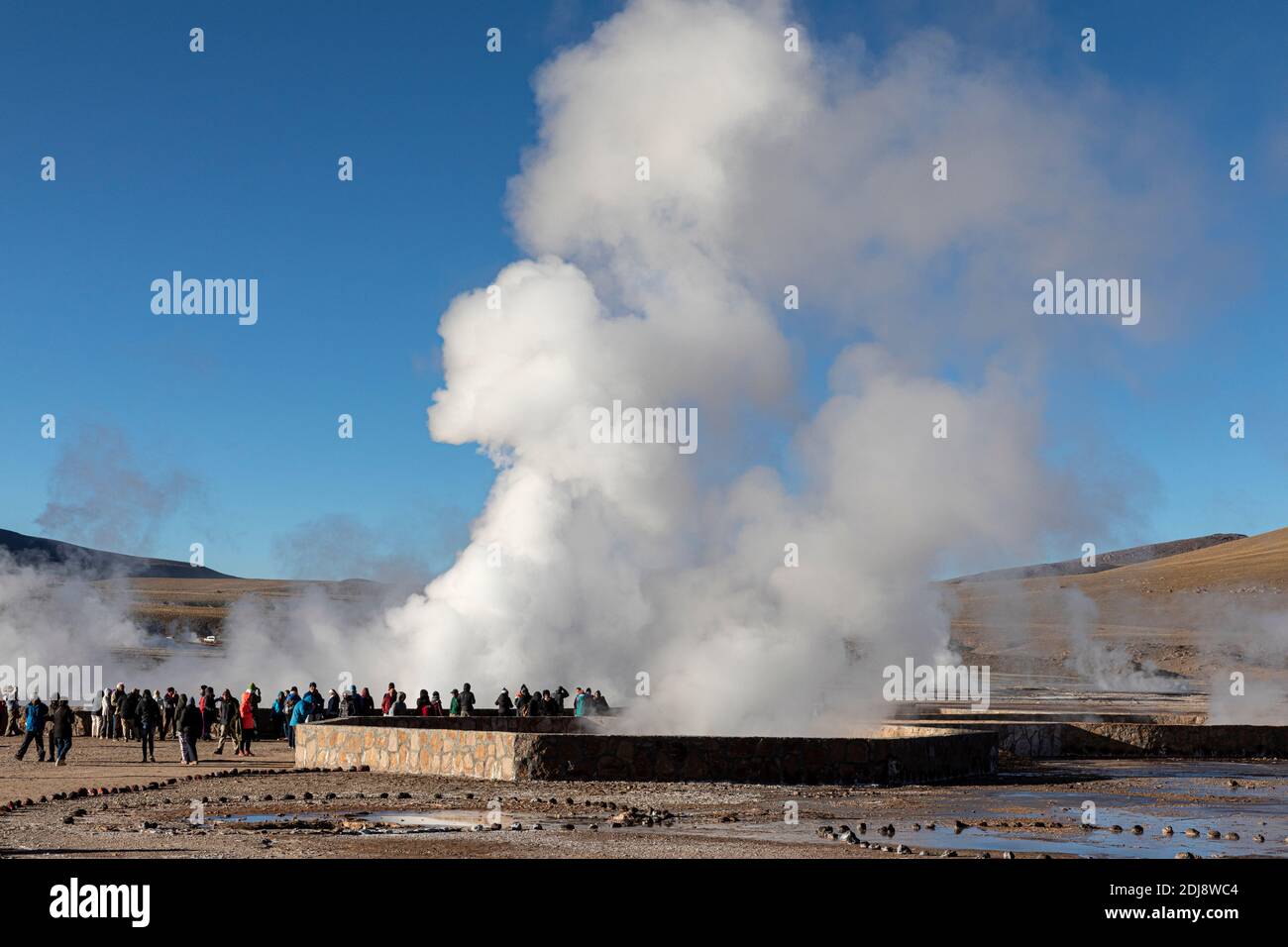 Turisti a Géiseres del Tatio, il terzo più grande campo geyser del mondo, Ande zona vulcanica centrale, Cile. Foto Stock