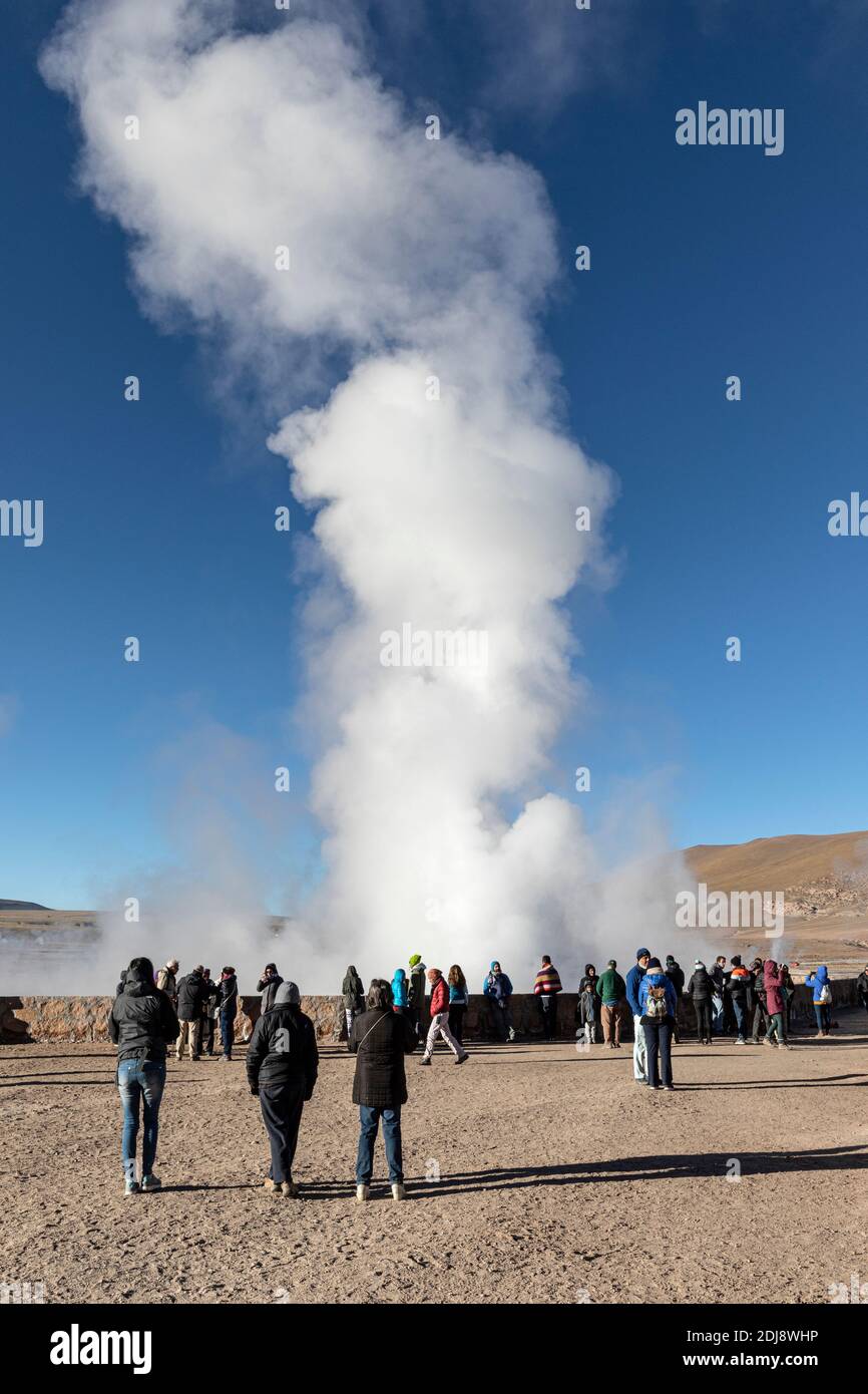 Turisti a Géiseres del Tatio, il terzo più grande campo geyser del mondo, Ande zona vulcanica centrale, Cile. Foto Stock