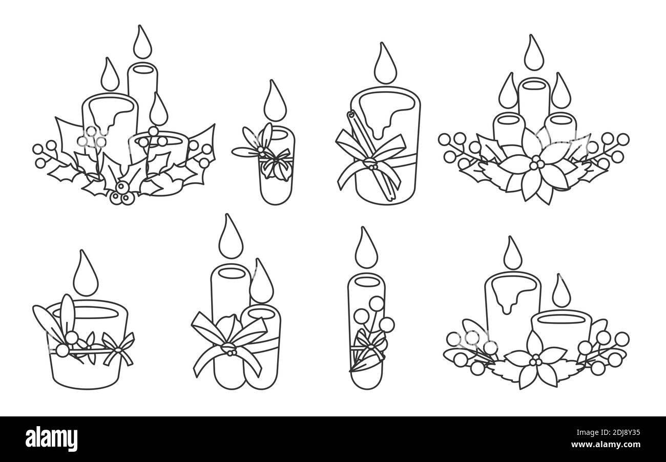 Set di contorni candele di Natale con poinsettia, cono, mistletoe. Candela festiva con frutti di bosco, foglie. Fuoco tradizionale, simbolo di festa di Capodanno. Elementi decorativi. Isolato su illustrazione vettoriale bianca Illustrazione Vettoriale