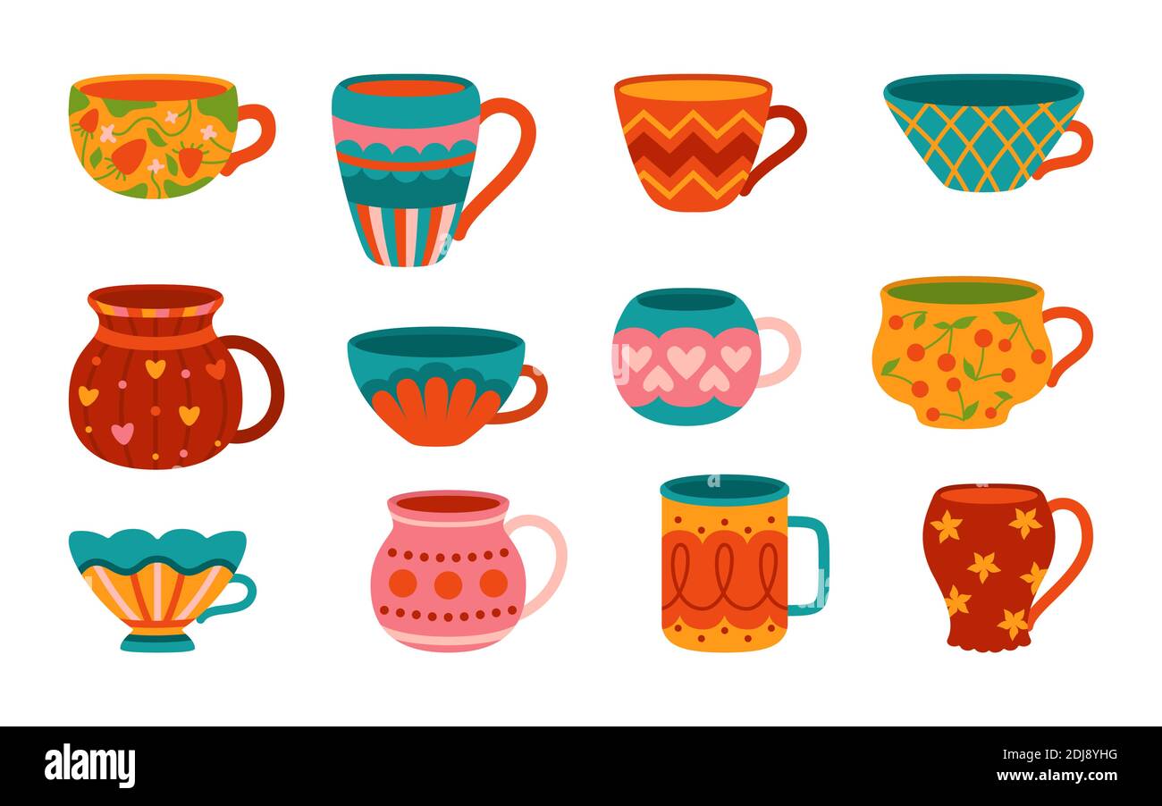 Tazza con tè o caffè in stile cartone animato. Collezione dal design piatto e moderno. Decorazioni diverse. Carino e trendy stoviglie disegnate a mano, maniglia bere drink. Illustrazione vettoriale isolata Illustrazione Vettoriale