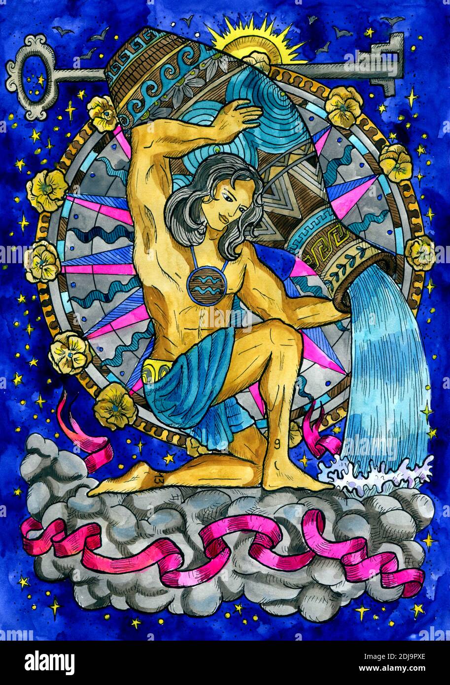 Simbolo Acquario. Segno zodiacale, illustrazione grafica fantasy disegnata  a mano. Disegno mistico occulto con simbolo dell'oroscopo, concetto  astrologico Foto stock - Alamy