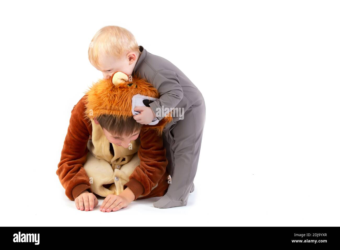 Su uno sfondo bianco, il bambino gioca con suo fratello, vestito in un  costume di leone carnevale. Il fratello più anziano e più giovane giocano.  Bambini divertenti Foto stock - Alamy