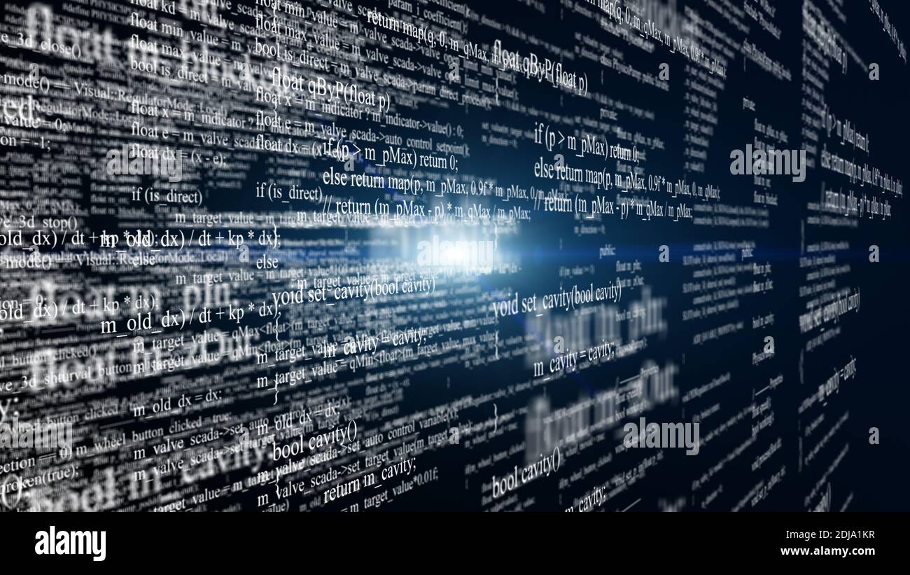 Blocchi di codice di programma che volano nello spazio virtuale Foto Stock