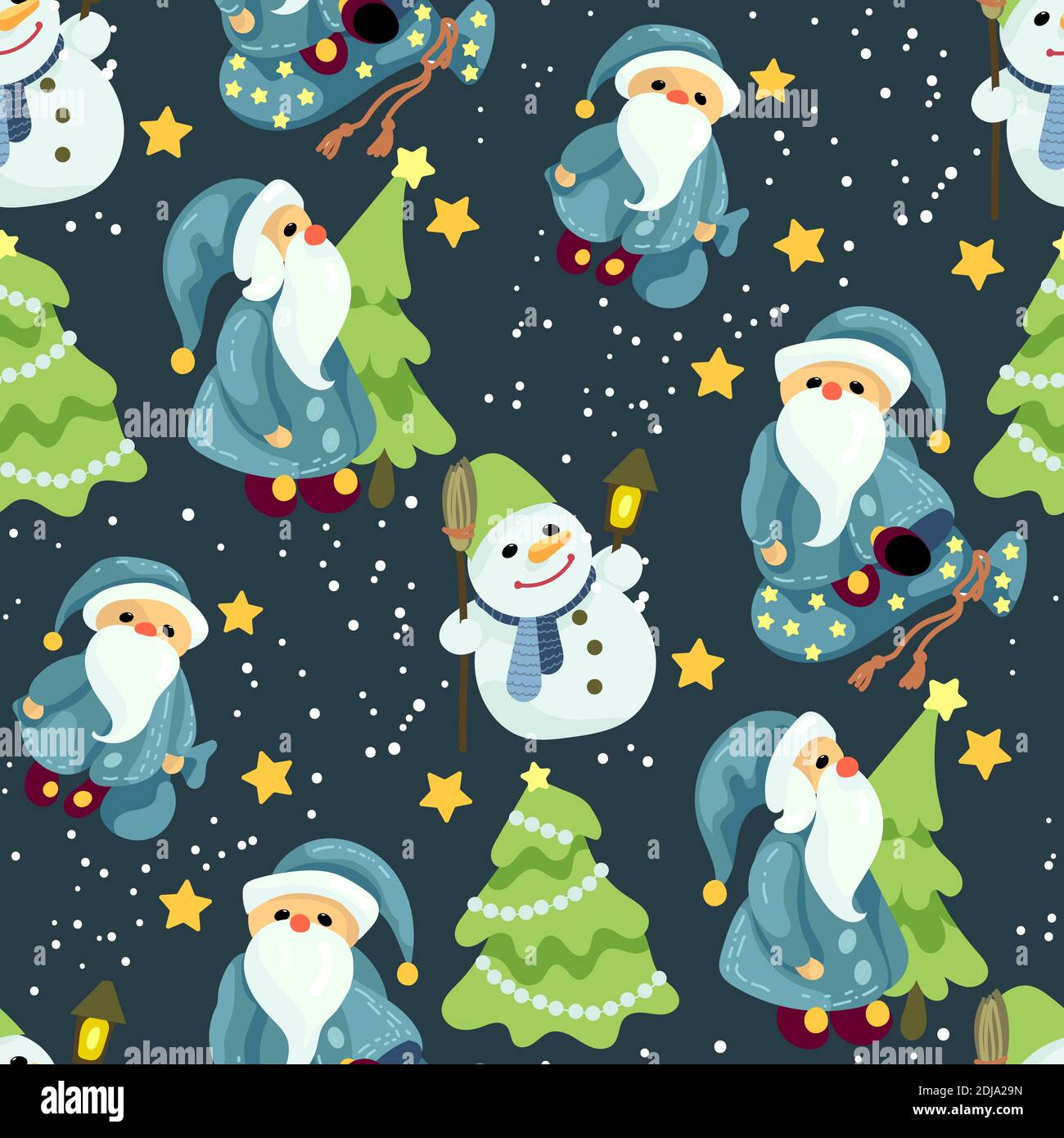 Motivo di Natale senza cuciture in grafica vettoriale con cute Santas e. pupazzi di neve con stelle e alberi di abete rosso Illustrazione Vettoriale