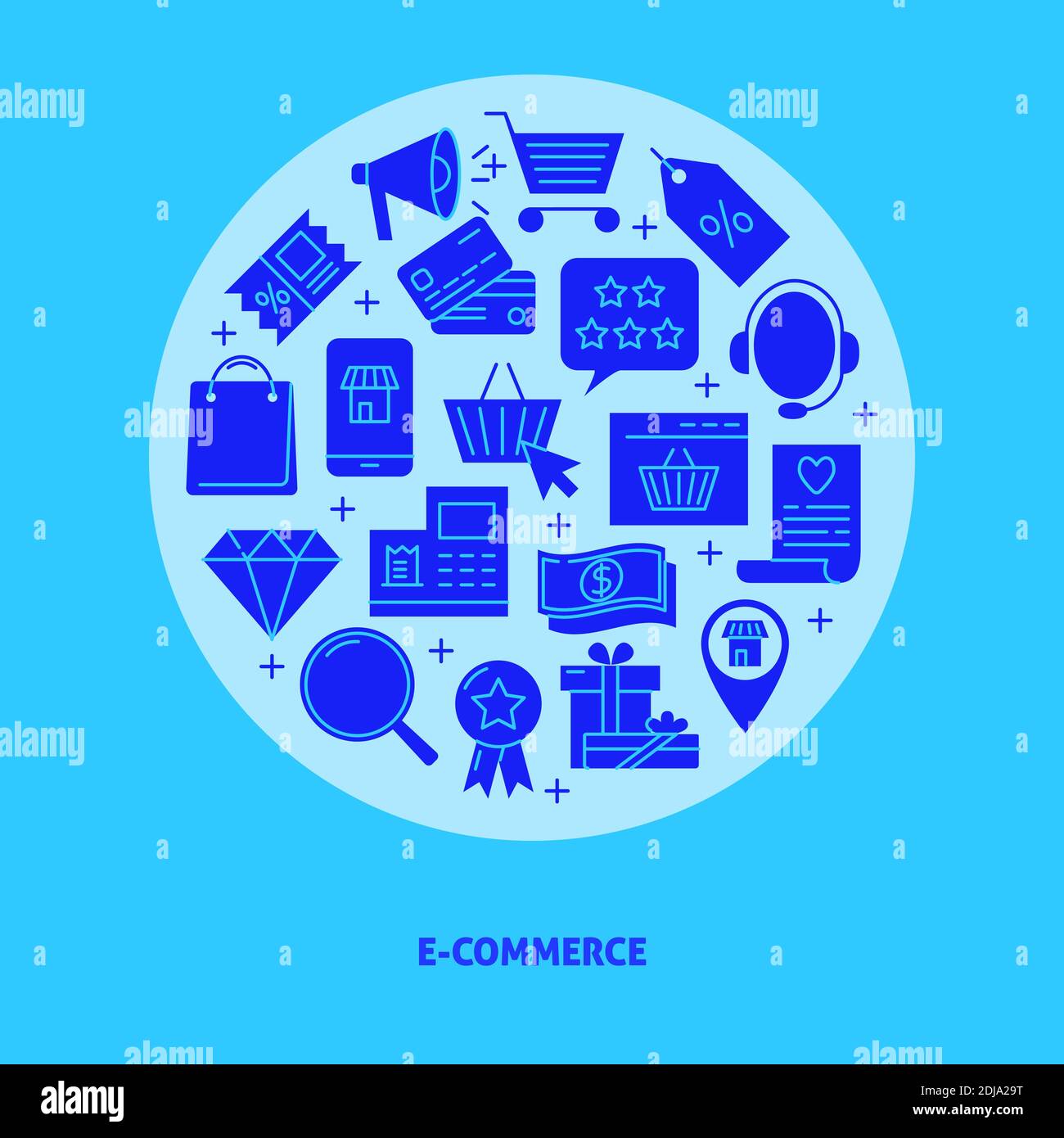 Banner rotondo e-commerce in stile piatto con testo. Poster degli acquisti mobili con simboli del commercio via Internet. Illustrazione vettoriale. Illustrazione Vettoriale