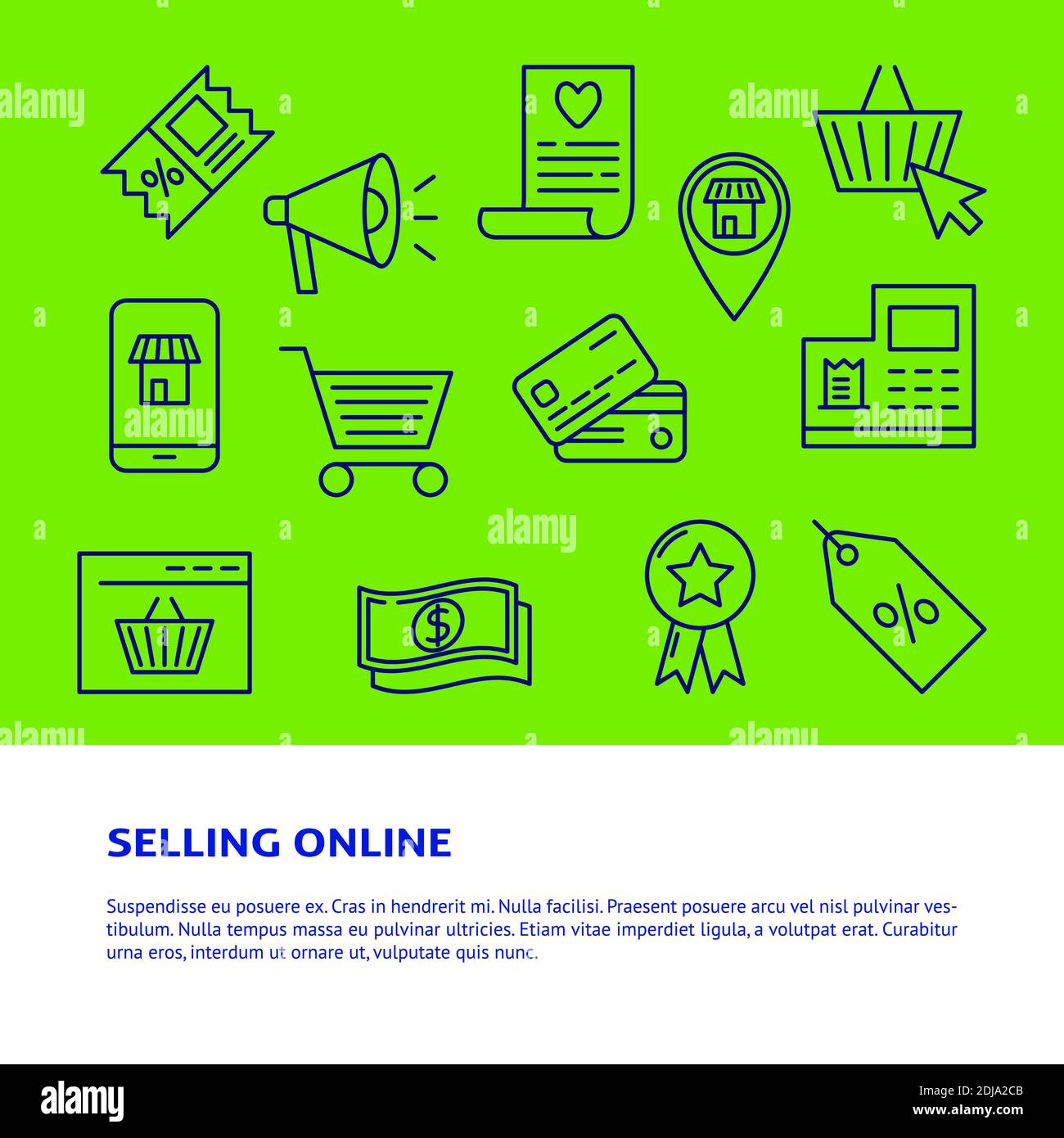 Vendere banner online con icone in stile linea. Poster per il commercio mobile con posto per il testo. Illustrazione vettoriale. Illustrazione Vettoriale