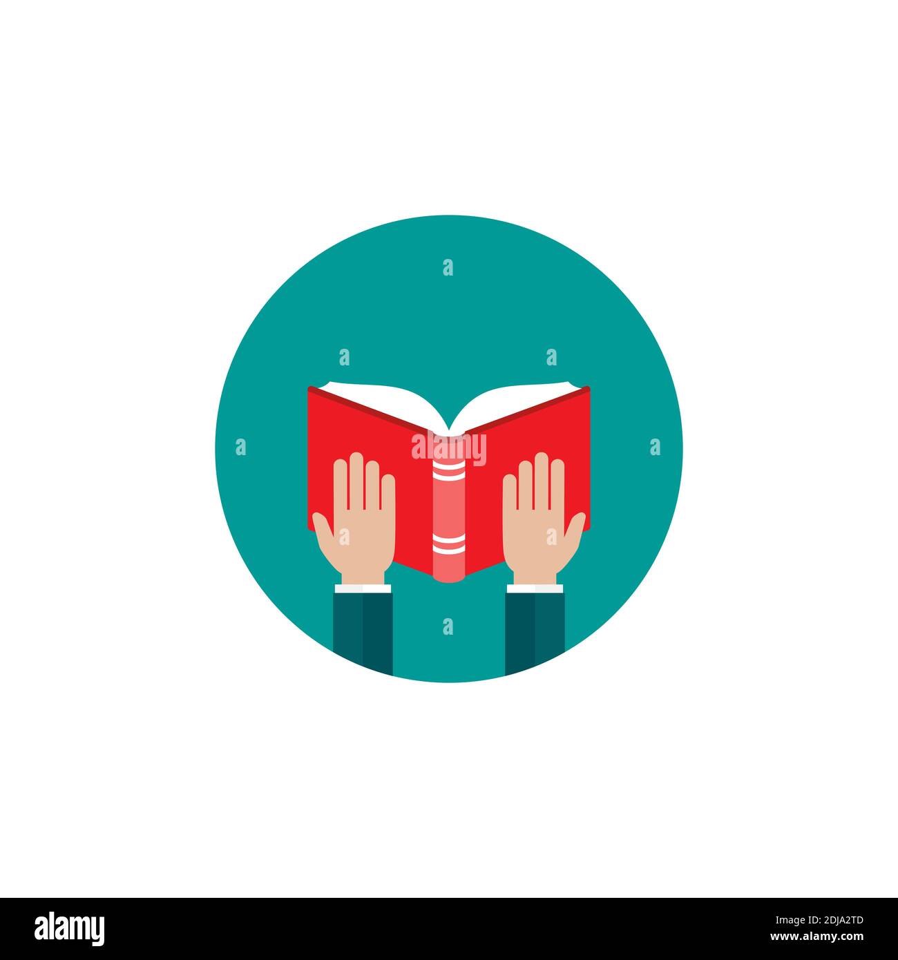 Le mani dell'uomo d'affari tengono il libro aperto rosso nel cerchio blu. Icona di lettura piatta. Illustrazione vettoriale. Istruzione, studio, formazione avanzata. Conoscenza, esperto, s Illustrazione Vettoriale