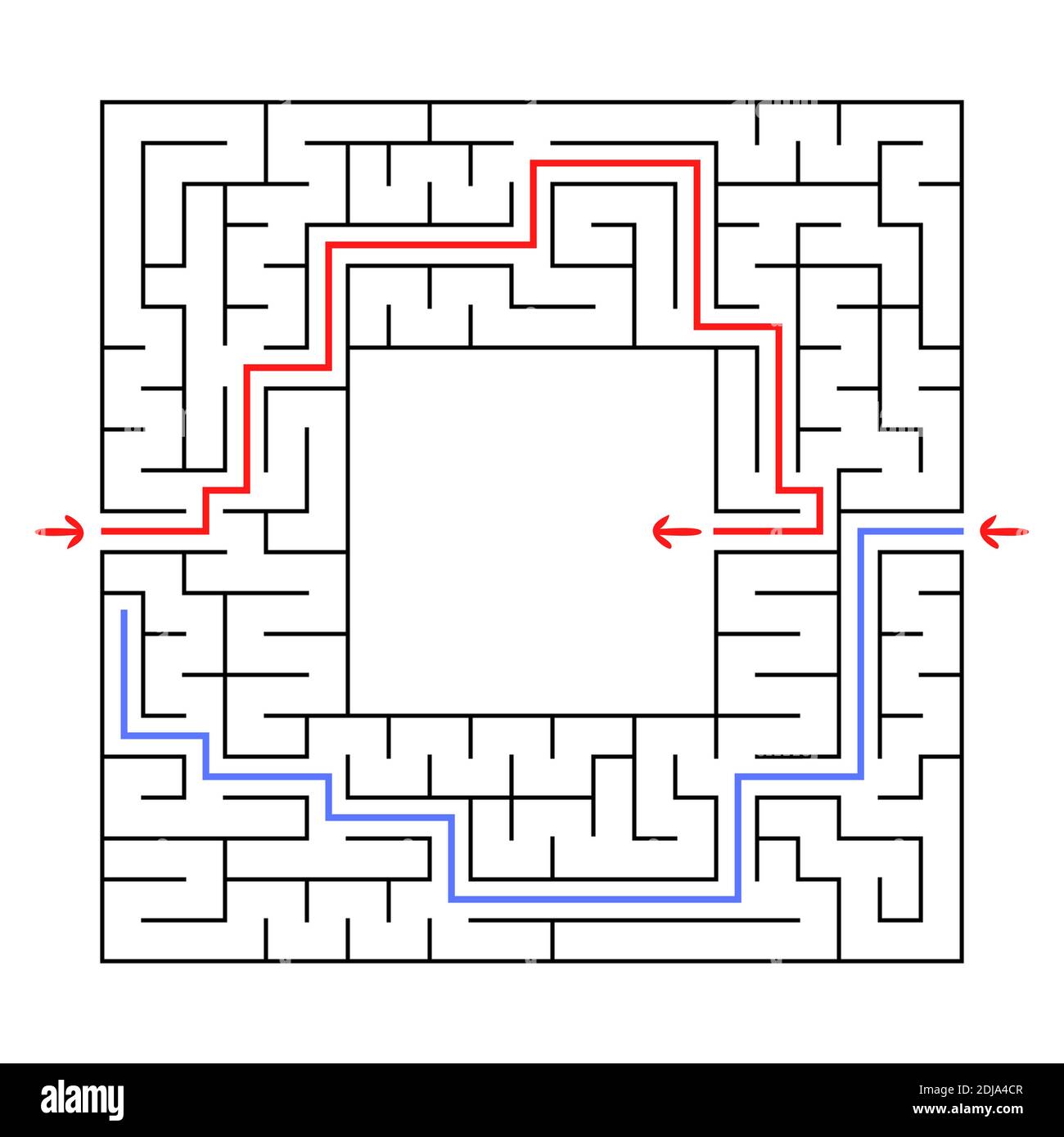 Un labirinto quadrato. Trova il percorso giusto per il centro del labirinto. Semplice immagine vettoriale piatta isolata su sfondo bianco. Con un posto per il vostro Illustrazione Vettoriale