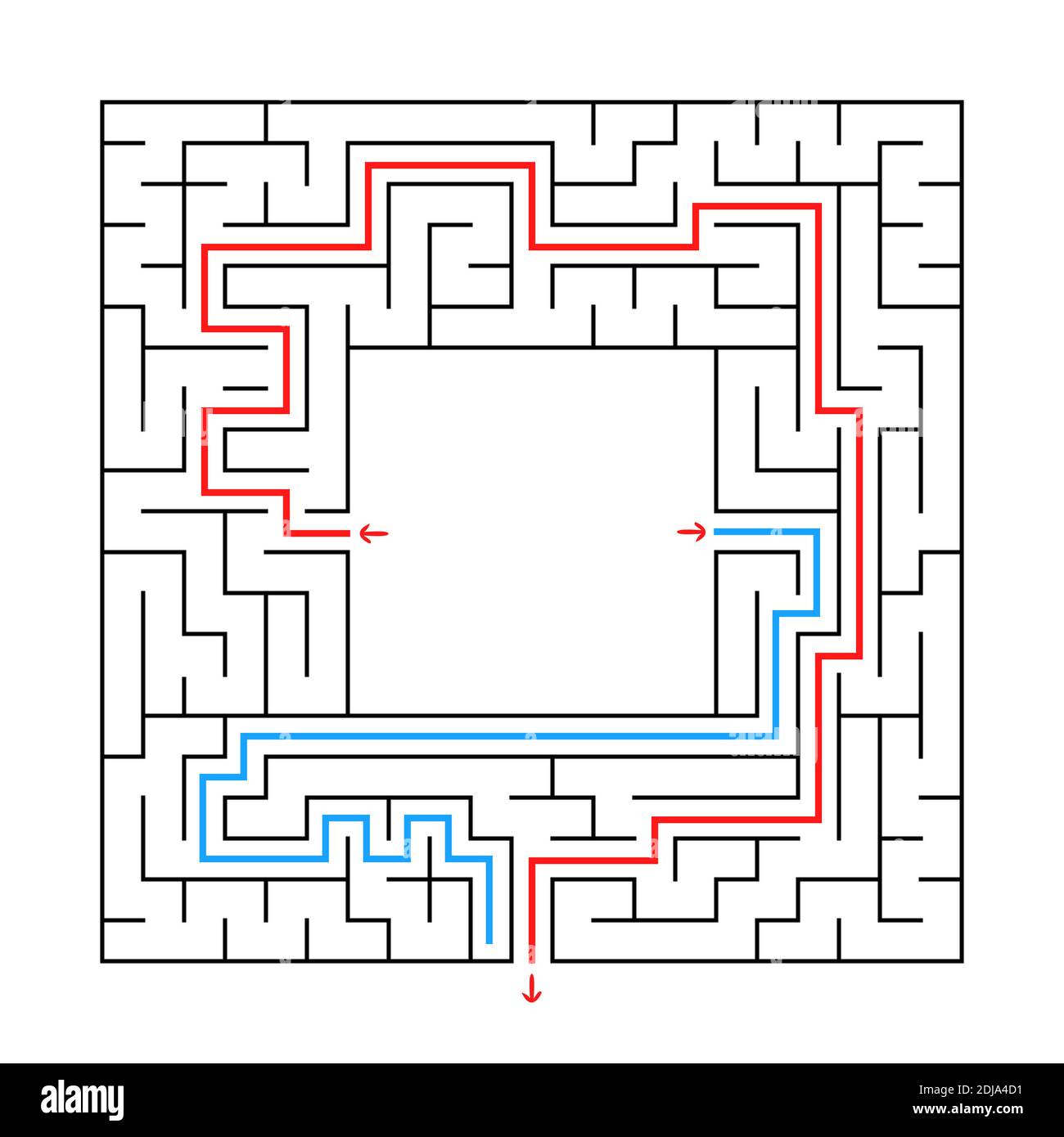 Un labirinto quadrato. Trova il percorso giusto dal centro del labirinto. Semplice illustrazione vettoriale piatta. Con un posto per la vostra immagine. Illustrazione Vettoriale