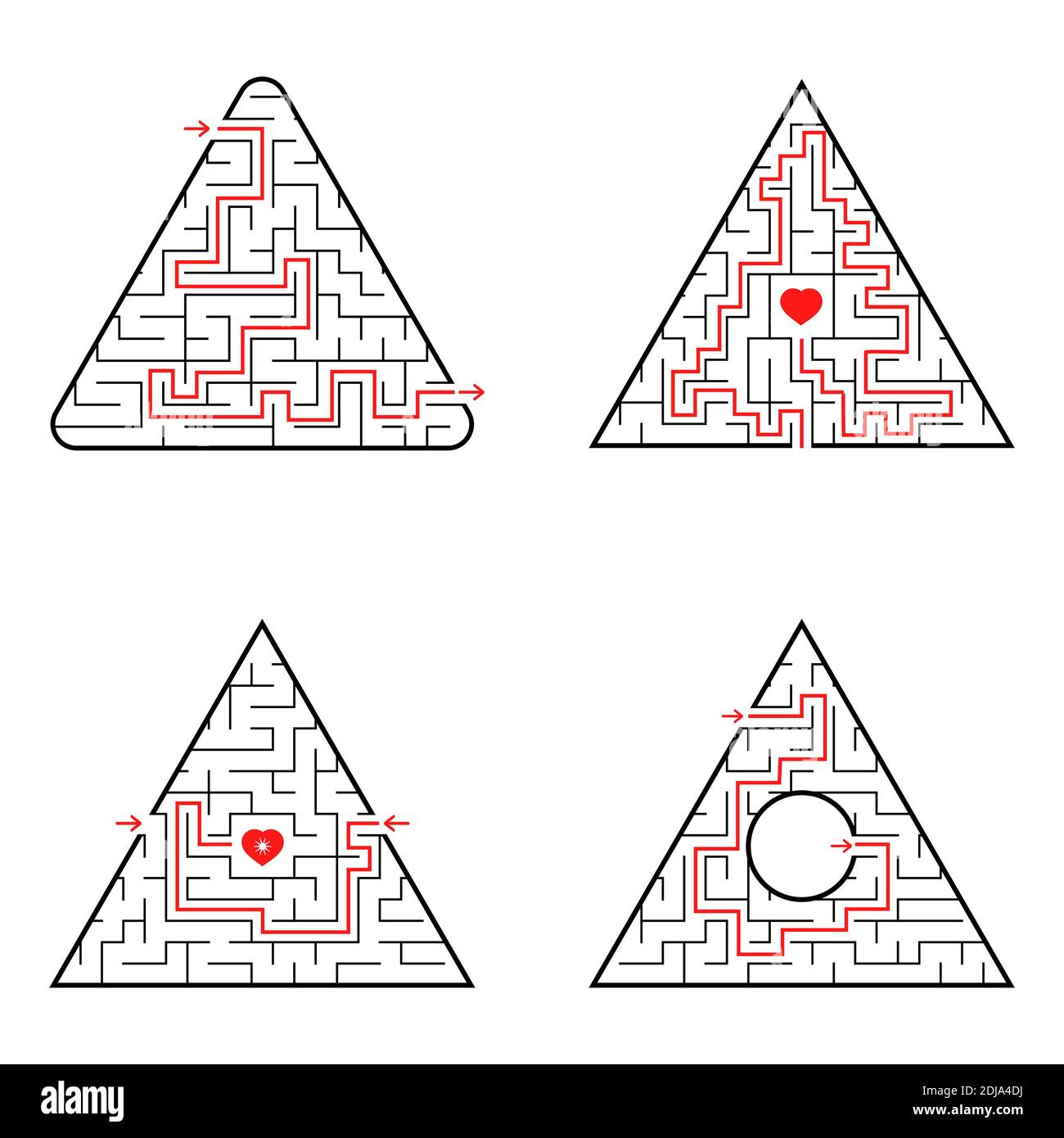 Labirinto triangolare. Una serie di quattro opzioni. Semplice illustrazione vettoriale piatta isolata su sfondo bianco. Con la risposta Illustrazione Vettoriale