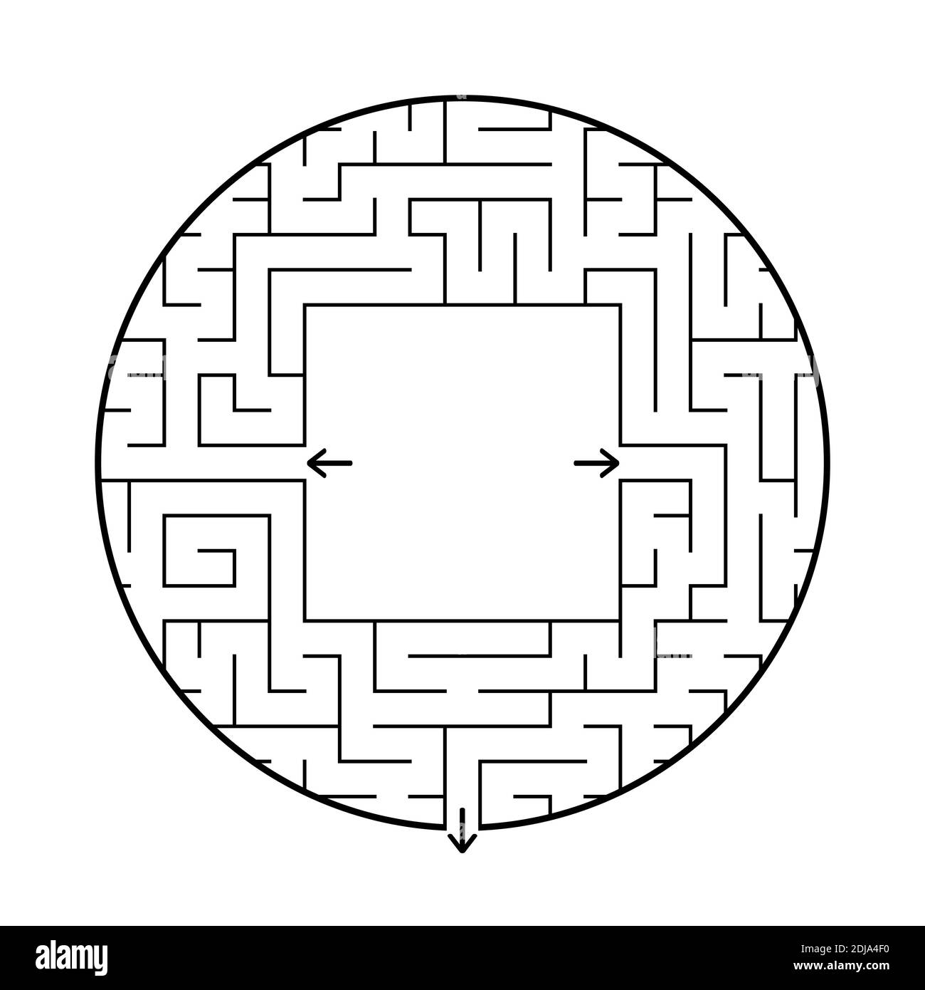 Un labirinto circolare con due ingressi e un'uscita. Semplice immagine vettoriale piatta isolata su sfondo bianco. Con un luogo per i disegni Illustrazione Vettoriale