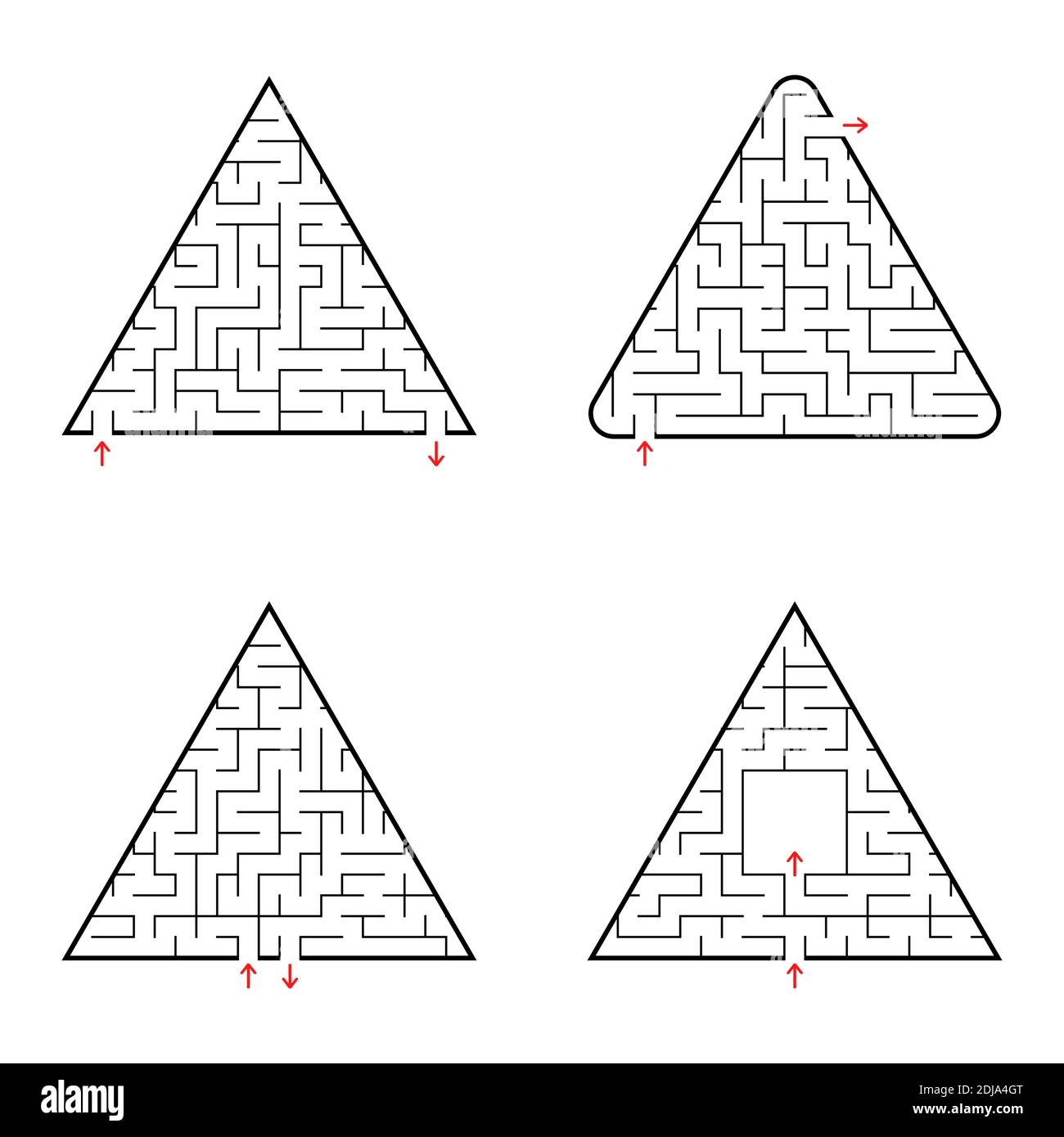 Labirinto triangolare. Una serie di quattro opzioni. Semplice immagine vettoriale piatta isolata su sfondo bianco Illustrazione Vettoriale