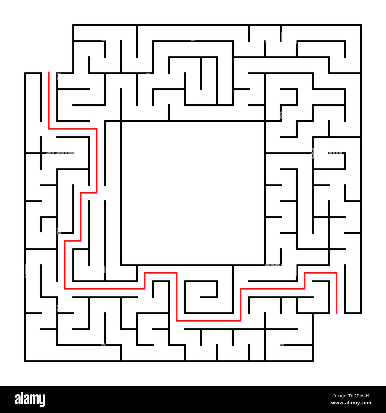 Un labirinto quadrato con un ingresso e un'uscita. Semplice illustrazione con isolamento vettoriale piatto. Con un luogo per i disegni. Con la risposta Illustrazione Vettoriale