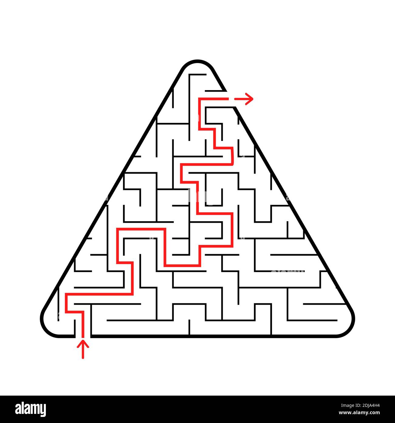 Labirinto triangolare con un ingresso e un'uscita. Una semplice illustrazione vettoriale piatta isolata su sfondo rosa. Con la risposta Illustrazione Vettoriale