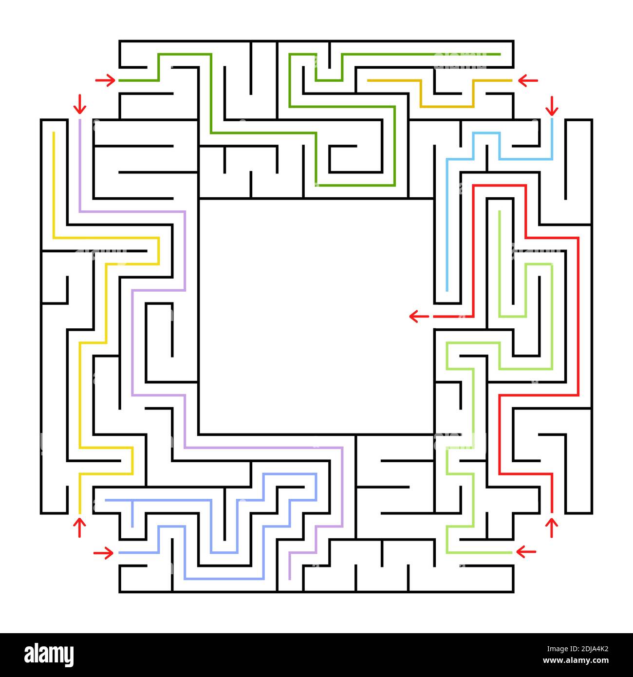 Un labirinto quadrato. Scegli il percorso giusto per entrare nel centro del labirinto. Semplice illustrazione con isolamento vettoriale piatto. Con un luogo per i disegni Illustrazione Vettoriale
