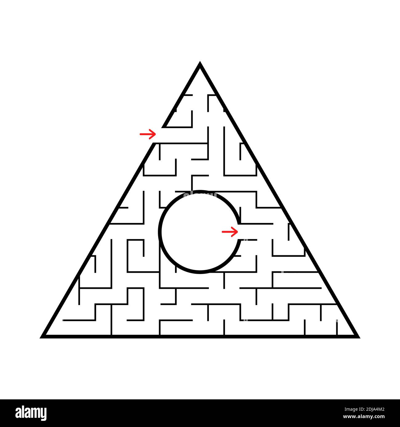 Labirinto triangolare con un ingresso e un'uscita. Semplice illustrazione vettoriale piatta isolata su sfondo bianco. Con un posto per la vostra immagine. Illustrazione Vettoriale