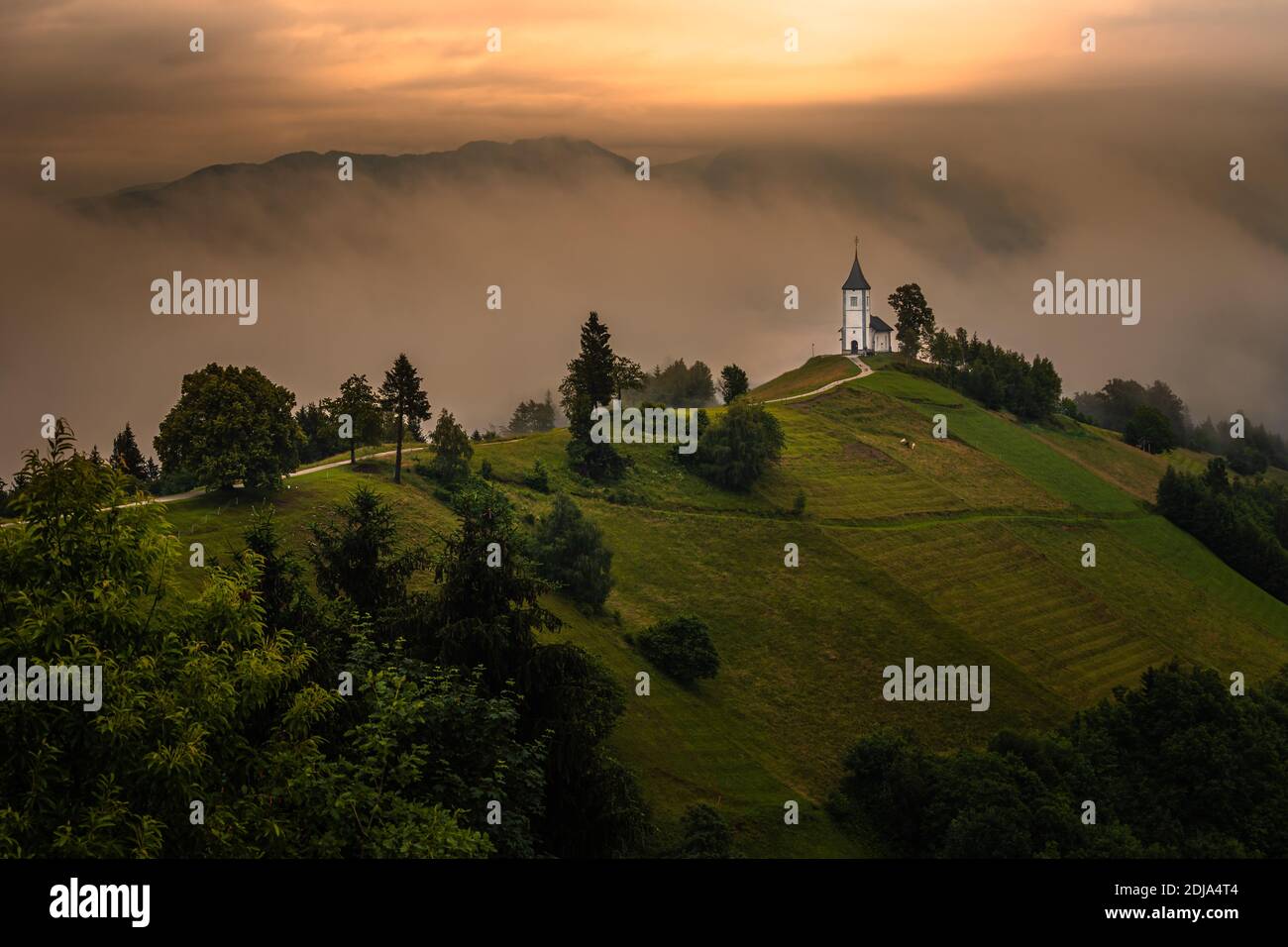 Jamnik, Slovenia - Magica nebbia mattina estiva alla chiesa di Jamnik St.Primoz, all'alba la nebbia si sposta delicatamente dietro la piccola cappella dorata Foto Stock