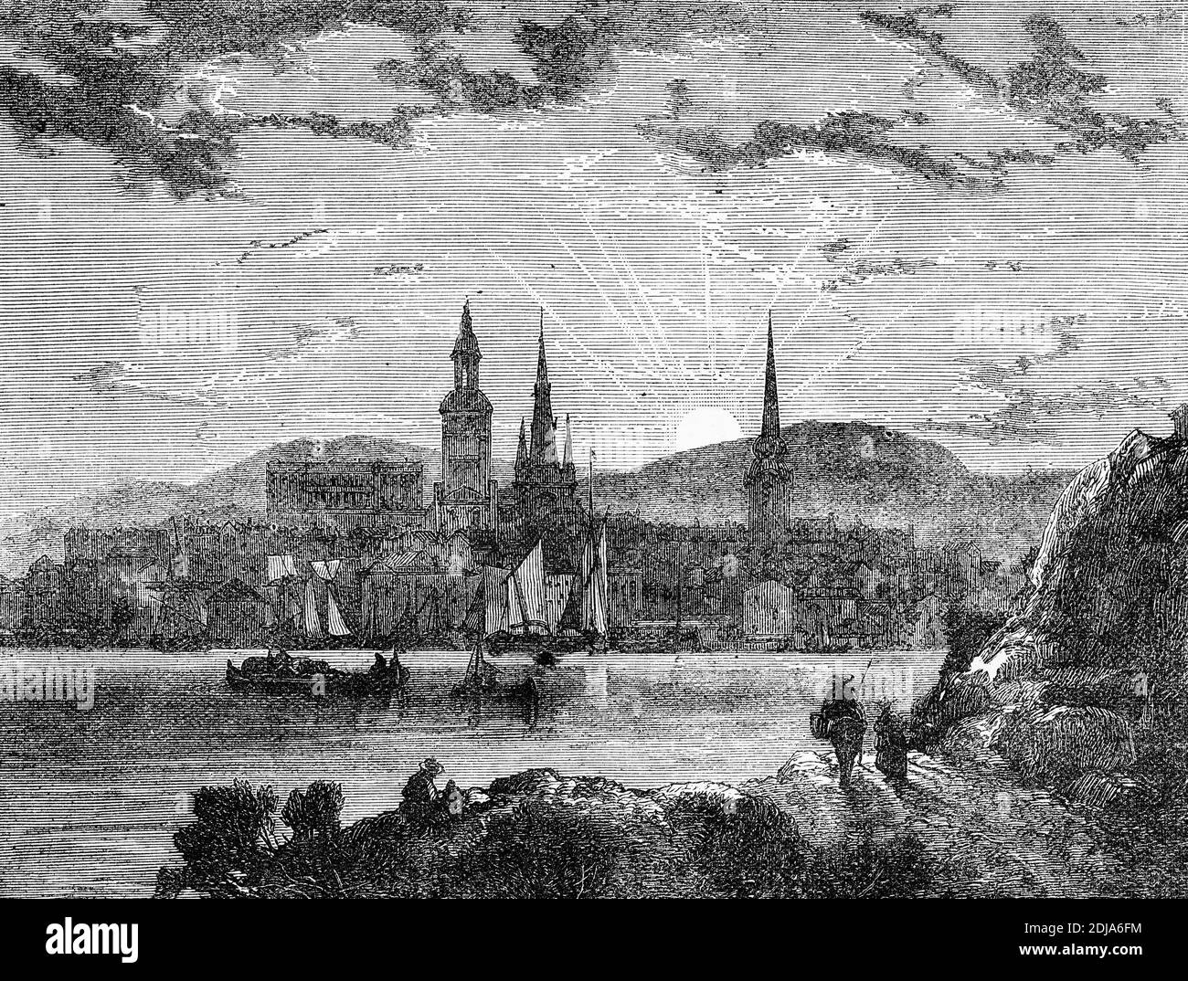 Incisione di una vista di Stoccolma, capitale e area urbana più popolosa della Svezia e della Scandinavia, intorno al 1870, illustrazione da 'la storia del protestantesimo' di James Aitken Wylie (1808-1890), pub. 1878 Foto Stock