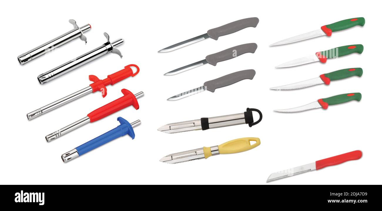 Set di coltelli da cucina per cucina, taglienti taglienti, utensili da cucina, accendino a gas Foto Stock