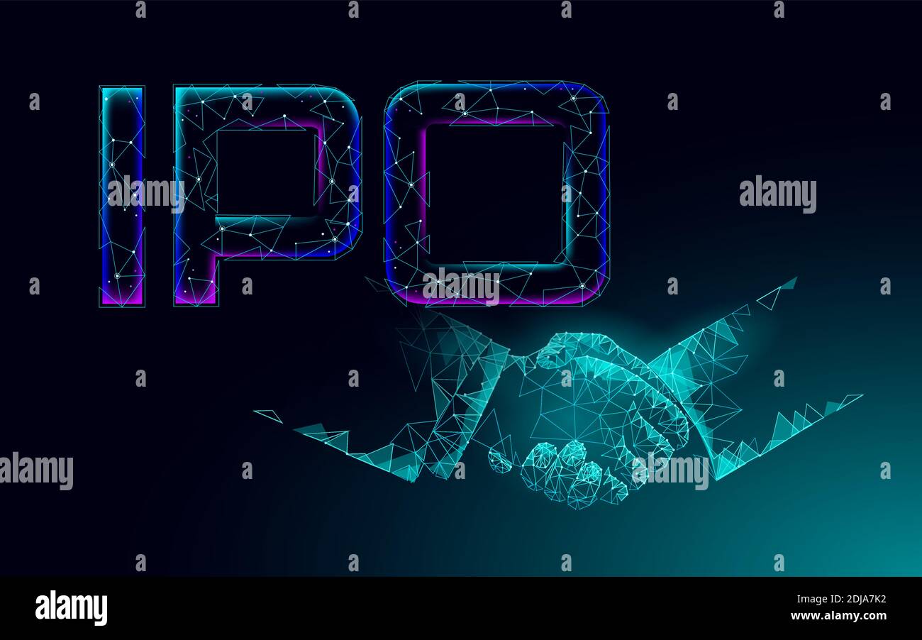 Moneta iniziale che offre il concetto di tecnologia di handshake IPO. Business Finance economy basso design stile poly. Offerta pubblica di lancio del mercato azionario bancario Illustrazione Vettoriale