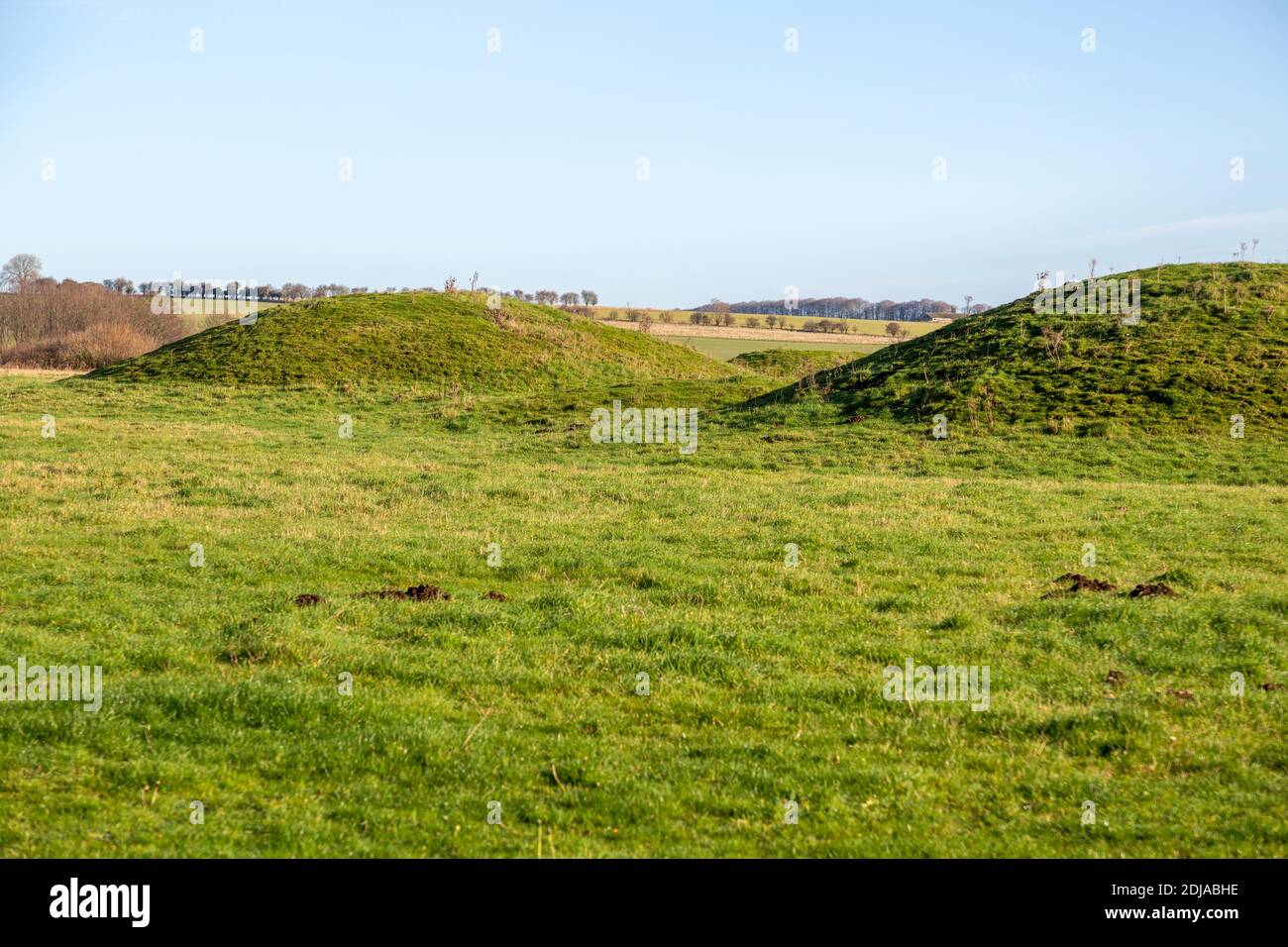 Tumuli sepoltura ciotola chiuda età del bronzo al sito preistorico Seven Barrows, Overton Hill, Wiltshire, Inghilterra, UK Foto Stock