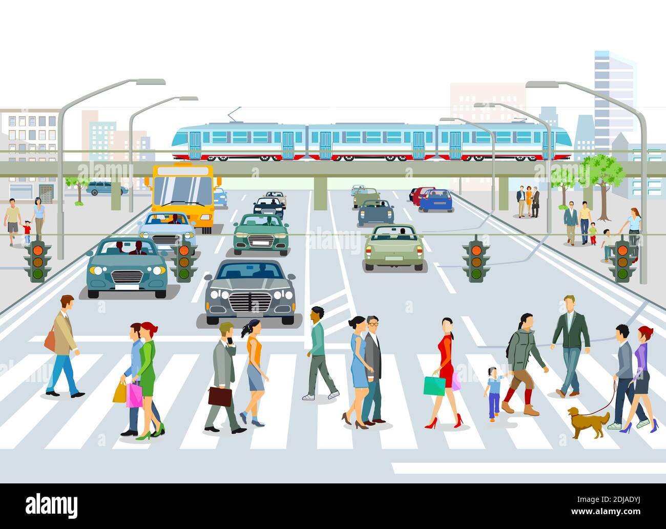 Trasporto in treno sopraelevato, autobus e traffico stradale Illustrazione Illustrazione Vettoriale