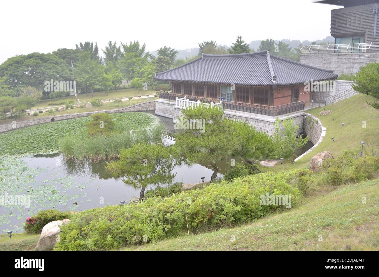 Stagno rotondo vicino al Museo Nazionale di Gyeongju, Corea del Sud Foto Stock