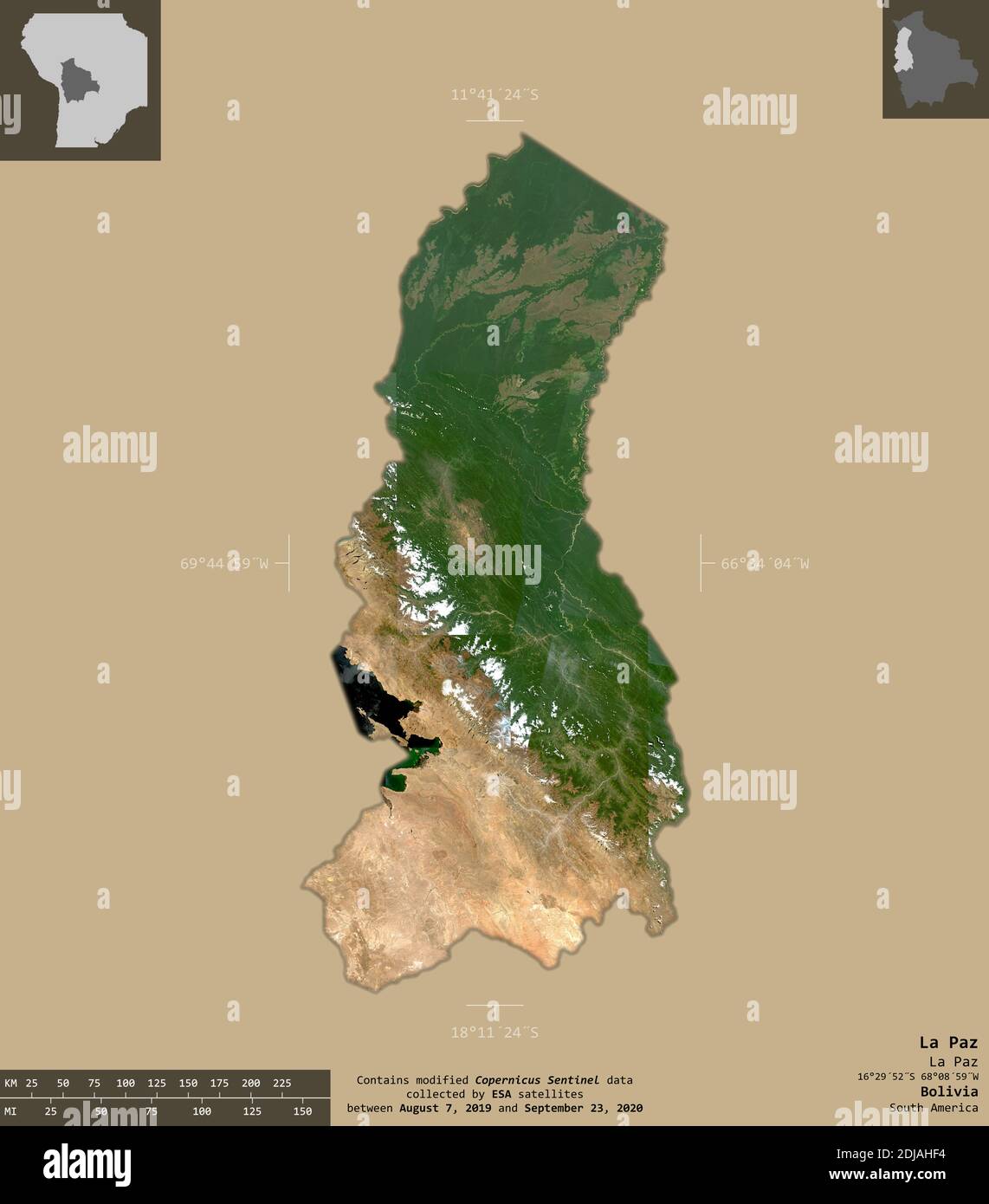 La Paz, dipartimento della Bolivia. Immagini satellitari Sentinel-2. Forma isolata su fondo solido con sovrapposizioni informative. Contiene Copernicu modificato Foto Stock