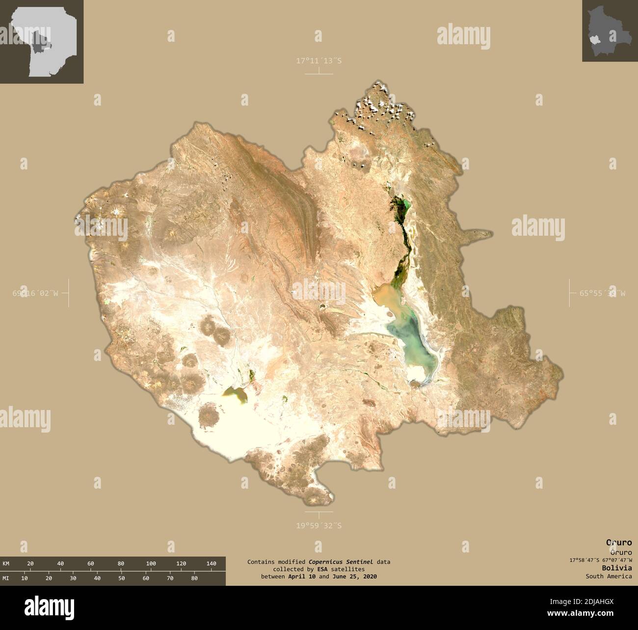 Oruro, dipartimento della Bolivia. Immagini satellitari Sentinel-2. Forma isolata su fondo solido con sovrapposizioni informative. Contiene Copernicus modificato Foto Stock