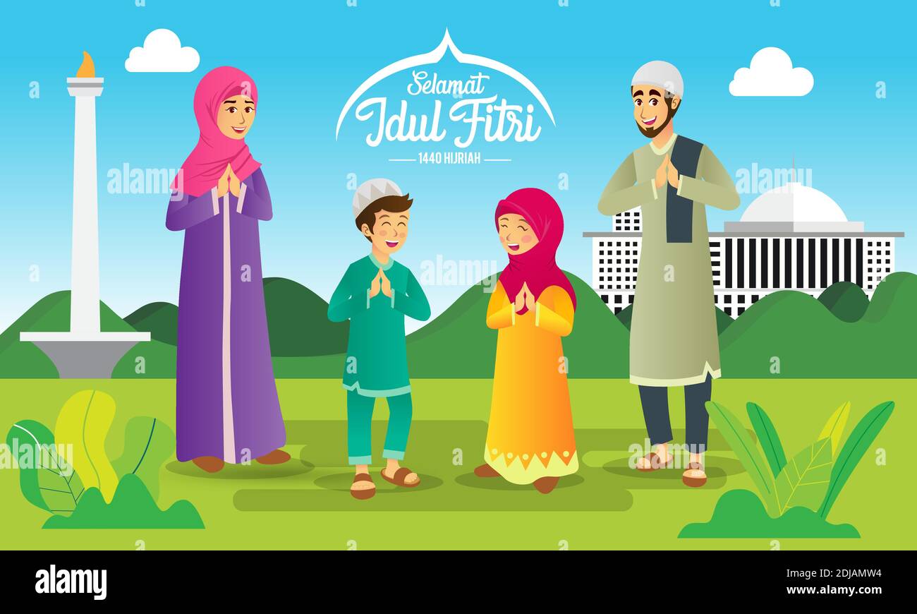 Selamat hari raya Idul Fitri è un'altra lingua di felice eid mubarak in indonesiano. Famiglia musulmana Cartoon che celebra Eid al fitr. Illustrazione Vettoriale