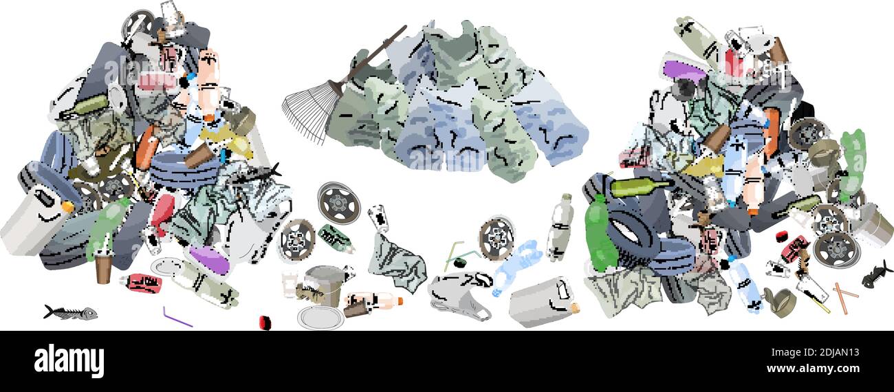 Mucchio di rifiuti, sacchi di spazzatura e rastrello. Il concetto di ecologia e la Giornata Mondiale della pulizia. Illustrazione Vettoriale