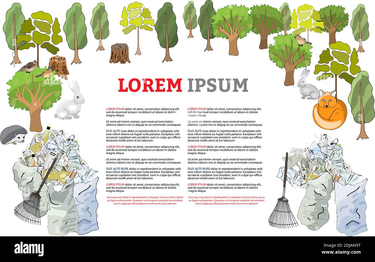 Inquinamento dell'ambiente. Rifiuti e rifiuti nelle foreste, nella fauna selvatica. Diversi tipi di spazzatura. Raccolta di disegni a mano vettoriali. Concetto di riciclo Illustrazione Vettoriale