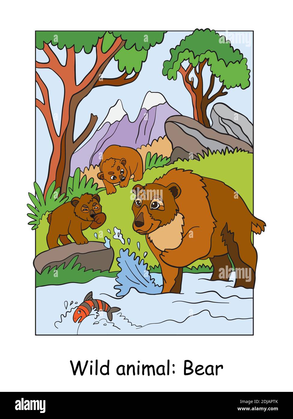 Vettore colorato illustrazione con cute orso mamma e cuccioli in zona di montagna. Illustrazione del contorno del cartone animato. Illustrazione di stock per libro da colorare, prescho Illustrazione Vettoriale