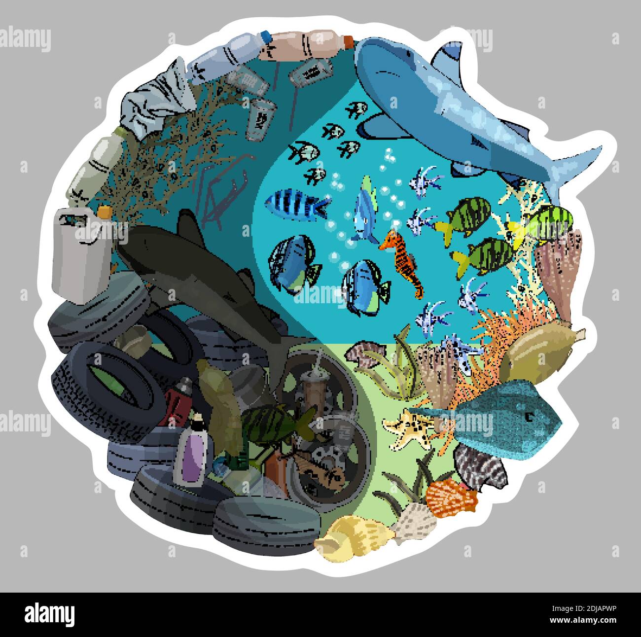 Il concetto di catastrofe ecologica di rifiuti e rifiuti nell'oceano. I problemi con lo smaltimento dei rifiuti chimici. Illustrazione vettoriale disegnata a mano. Illustrazione Vettoriale