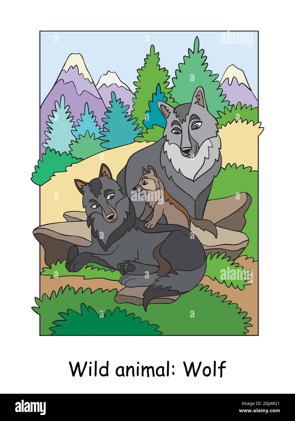 Vettore colorato illustrazione con cute famiglia lupi in montagna. Illustrazione del contorno del cartone animato isolata su sfondo bianco. Illustrazione del magazzino f Illustrazione Vettoriale