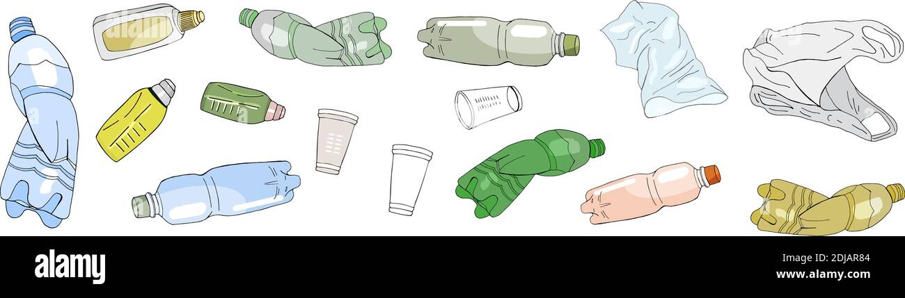 Set di rifiuti di plastica selezionati isolati su bianco. Modello vettoriale. Pesca a mano raccolta di rifiuti. Concetto di ricicla Day, World Cleanup Day ed ecologia Illustrazione Vettoriale